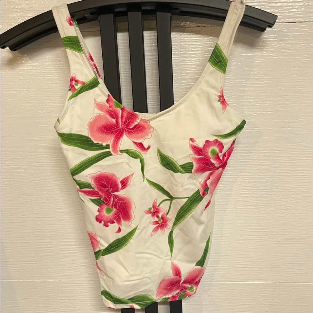 pink orchid flower leaves padded zipper CHEROKEE swim suit top TANKINI white